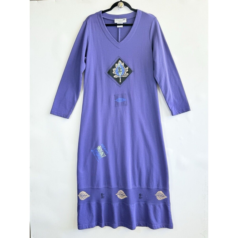 Studio G Genuine Vintage Womens Medium Purple Artsy Boho Stamped Leaf Maxi Dress